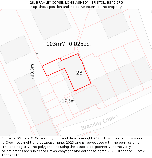 28, BRAMLEY COPSE, LONG ASHTON, BRISTOL, BS41 9FG: Plot and title map