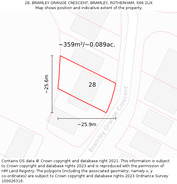 28, BRAMLEY GRANGE CRESCENT, BRAMLEY, ROTHERHAM, S66 2UX: Plot and title map