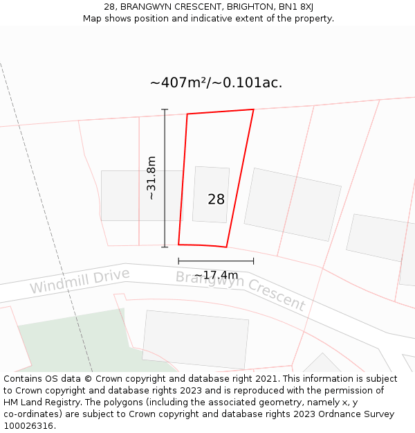 28, BRANGWYN CRESCENT, BRIGHTON, BN1 8XJ: Plot and title map