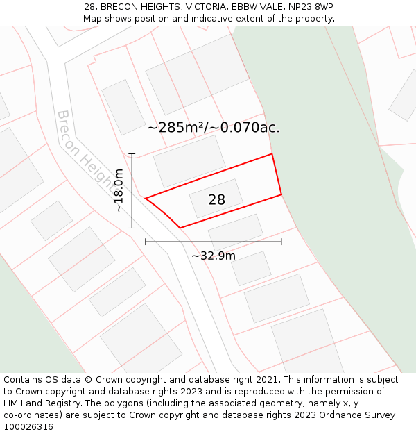 28, BRECON HEIGHTS, VICTORIA, EBBW VALE, NP23 8WP: Plot and title map