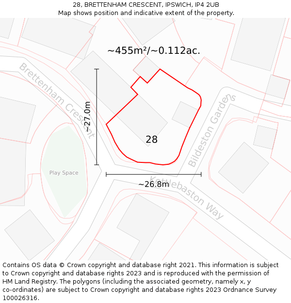 28, BRETTENHAM CRESCENT, IPSWICH, IP4 2UB: Plot and title map