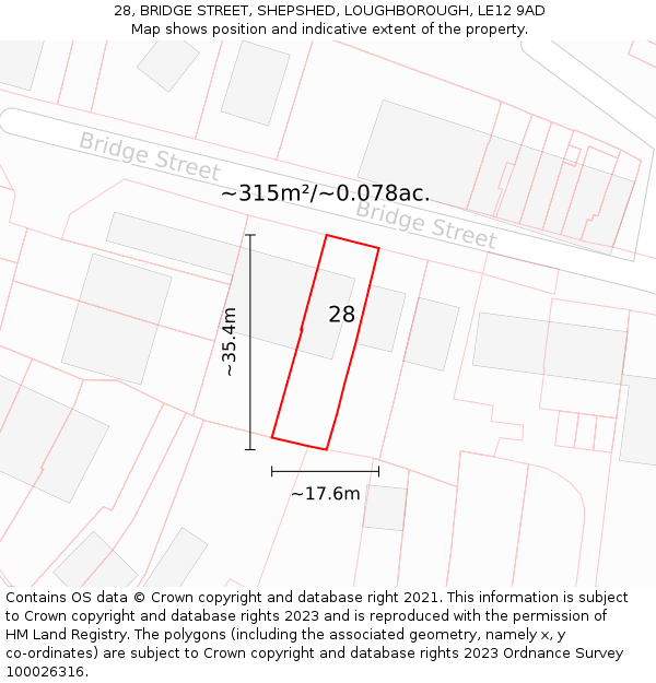 28, BRIDGE STREET, SHEPSHED, LOUGHBOROUGH, LE12 9AD: Plot and title map