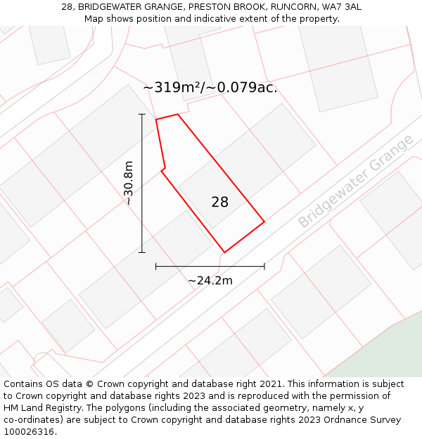28, BRIDGEWATER GRANGE, PRESTON BROOK, RUNCORN, WA7 3AL: Plot and title map