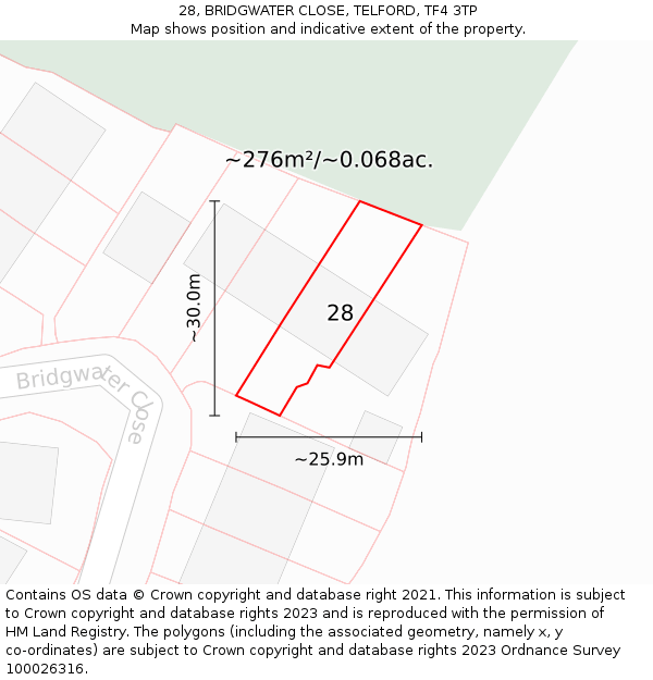 28, BRIDGWATER CLOSE, TELFORD, TF4 3TP: Plot and title map