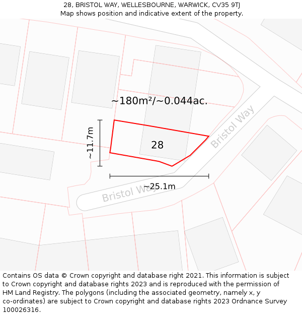 28, BRISTOL WAY, WELLESBOURNE, WARWICK, CV35 9TJ: Plot and title map