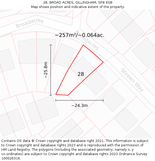 28, BROAD ACRES, GILLINGHAM, SP8 4SB: Plot and title map