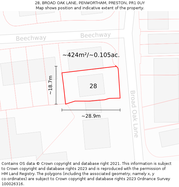 28, BROAD OAK LANE, PENWORTHAM, PRESTON, PR1 0UY: Plot and title map