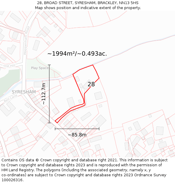 28, BROAD STREET, SYRESHAM, BRACKLEY, NN13 5HS: Plot and title map