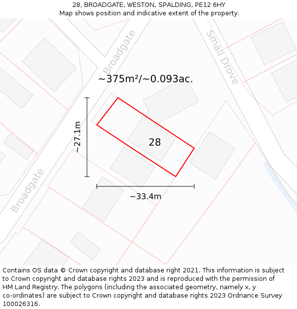 28, BROADGATE, WESTON, SPALDING, PE12 6HY: Plot and title map