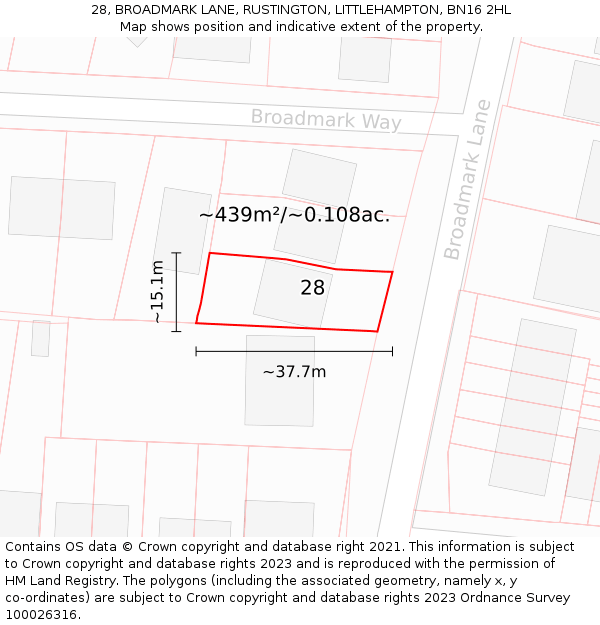 28, BROADMARK LANE, RUSTINGTON, LITTLEHAMPTON, BN16 2HL: Plot and title map