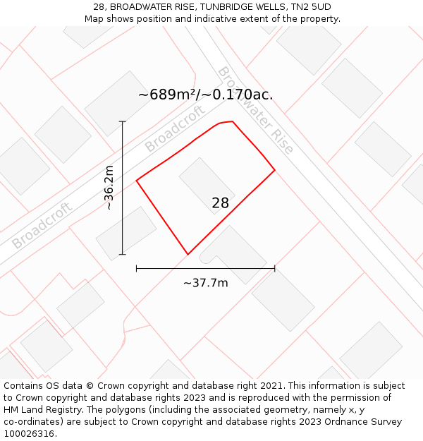 28, BROADWATER RISE, TUNBRIDGE WELLS, TN2 5UD: Plot and title map