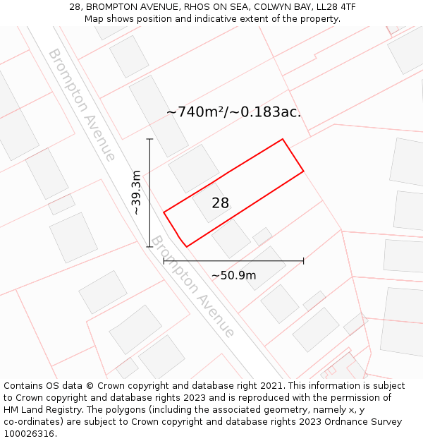 28, BROMPTON AVENUE, RHOS ON SEA, COLWYN BAY, LL28 4TF: Plot and title map