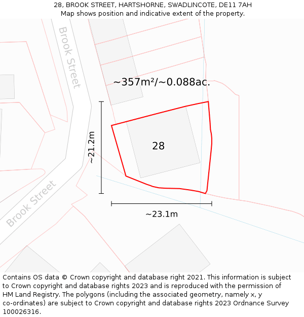 28, BROOK STREET, HARTSHORNE, SWADLINCOTE, DE11 7AH: Plot and title map