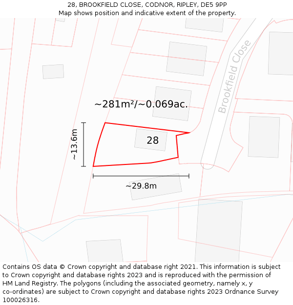 28, BROOKFIELD CLOSE, CODNOR, RIPLEY, DE5 9PP: Plot and title map