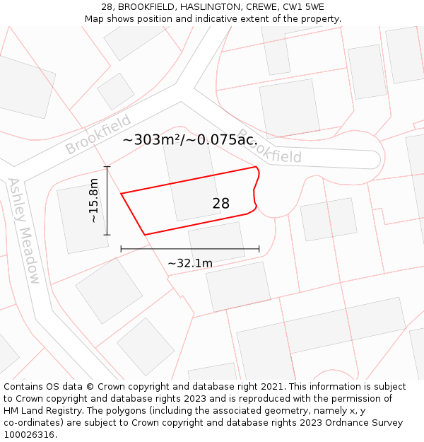 28, BROOKFIELD, HASLINGTON, CREWE, CW1 5WE: Plot and title map