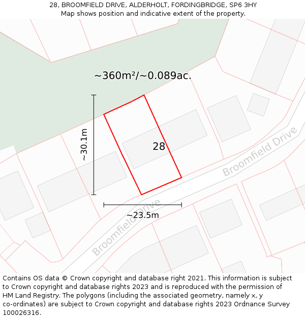 28, BROOMFIELD DRIVE, ALDERHOLT, FORDINGBRIDGE, SP6 3HY: Plot and title map