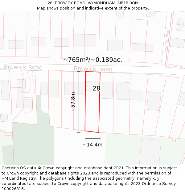 28, BROWICK ROAD, WYMONDHAM, NR18 0QN: Plot and title map