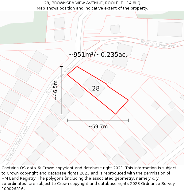 28, BROWNSEA VIEW AVENUE, POOLE, BH14 8LQ: Plot and title map