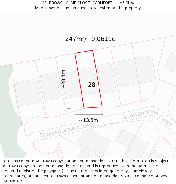 28, BROWSHOLME CLOSE, CARNFORTH, LA5 9UW: Plot and title map