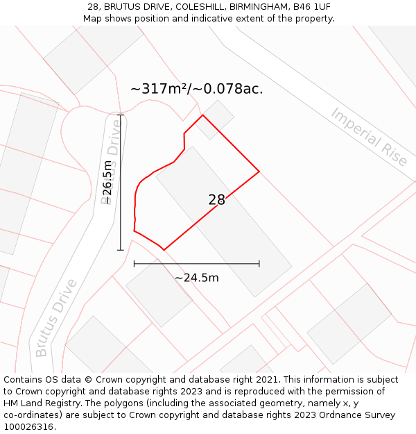 28, BRUTUS DRIVE, COLESHILL, BIRMINGHAM, B46 1UF: Plot and title map