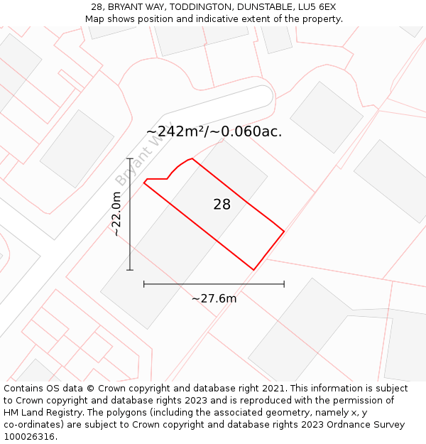 28, BRYANT WAY, TODDINGTON, DUNSTABLE, LU5 6EX: Plot and title map