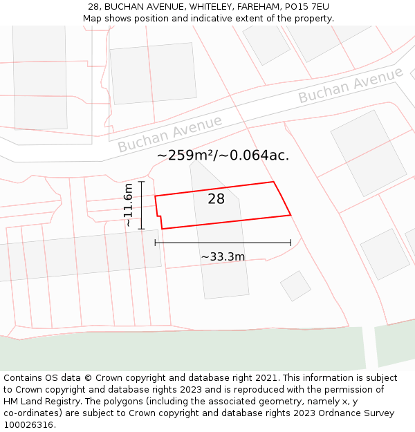 28, BUCHAN AVENUE, WHITELEY, FAREHAM, PO15 7EU: Plot and title map