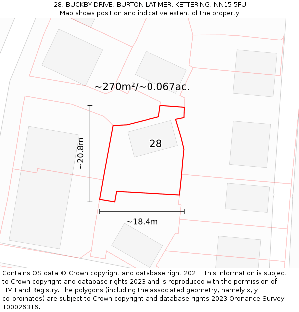 28, BUCKBY DRIVE, BURTON LATIMER, KETTERING, NN15 5FU: Plot and title map