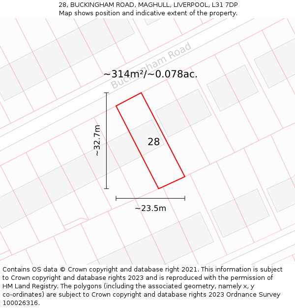 28, BUCKINGHAM ROAD, MAGHULL, LIVERPOOL, L31 7DP: Plot and title map