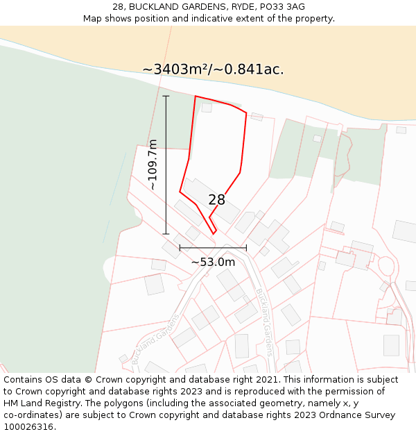 28, BUCKLAND GARDENS, RYDE, PO33 3AG: Plot and title map