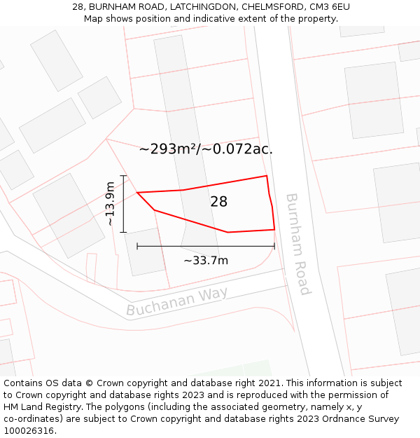 28, BURNHAM ROAD, LATCHINGDON, CHELMSFORD, CM3 6EU: Plot and title map
