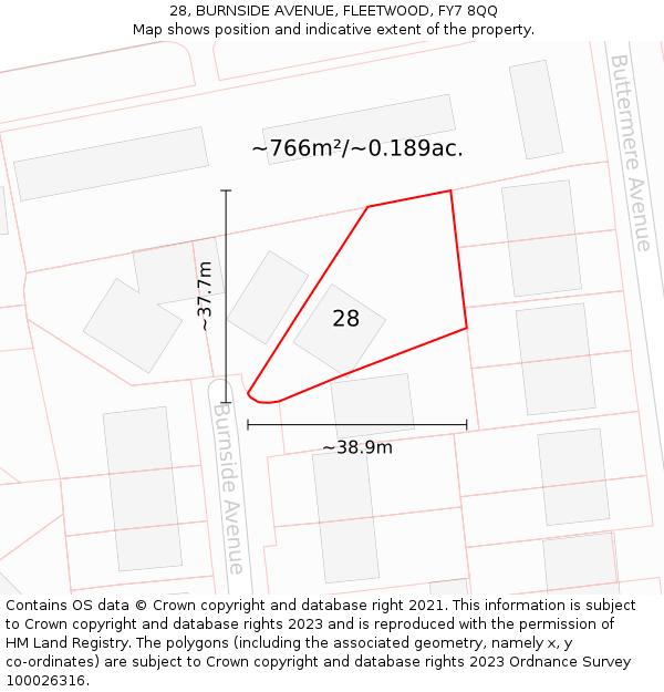28, BURNSIDE AVENUE, FLEETWOOD, FY7 8QQ: Plot and title map