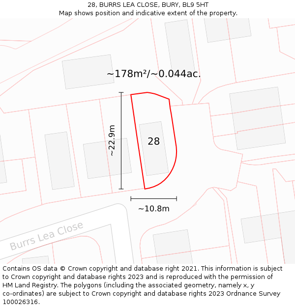 28, BURRS LEA CLOSE, BURY, BL9 5HT: Plot and title map