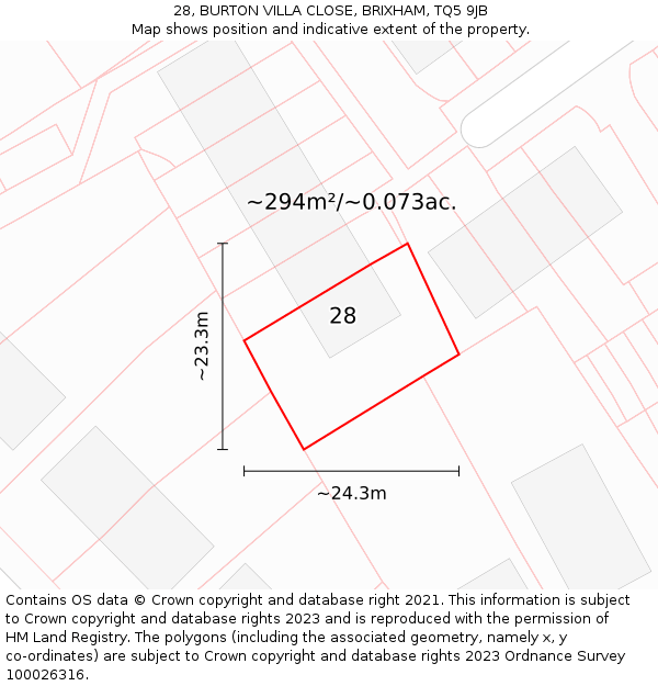 28, BURTON VILLA CLOSE, BRIXHAM, TQ5 9JB: Plot and title map