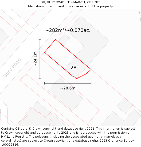 28, BURY ROAD, NEWMARKET, CB8 7BT: Plot and title map