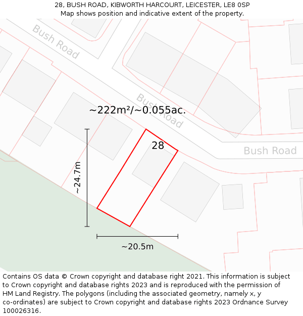 28, BUSH ROAD, KIBWORTH HARCOURT, LEICESTER, LE8 0SP: Plot and title map