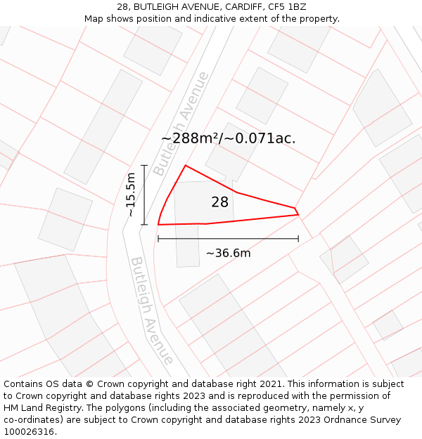 28, BUTLEIGH AVENUE, CARDIFF, CF5 1BZ: Plot and title map