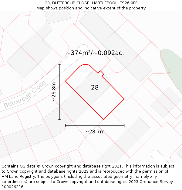 28, BUTTERCUP CLOSE, HARTLEPOOL, TS26 0FE: Plot and title map