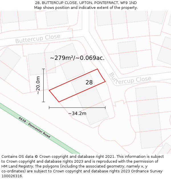 28, BUTTERCUP CLOSE, UPTON, PONTEFRACT, WF9 1ND: Plot and title map