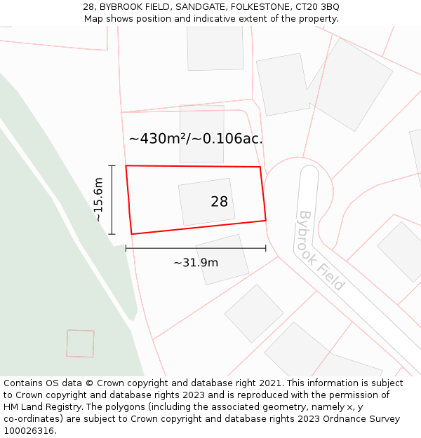28, BYBROOK FIELD, SANDGATE, FOLKESTONE, CT20 3BQ: Plot and title map