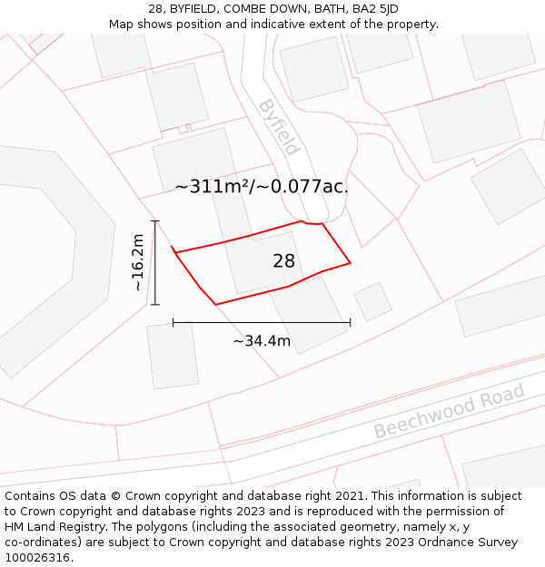28, BYFIELD, COMBE DOWN, BATH, BA2 5JD: Plot and title map