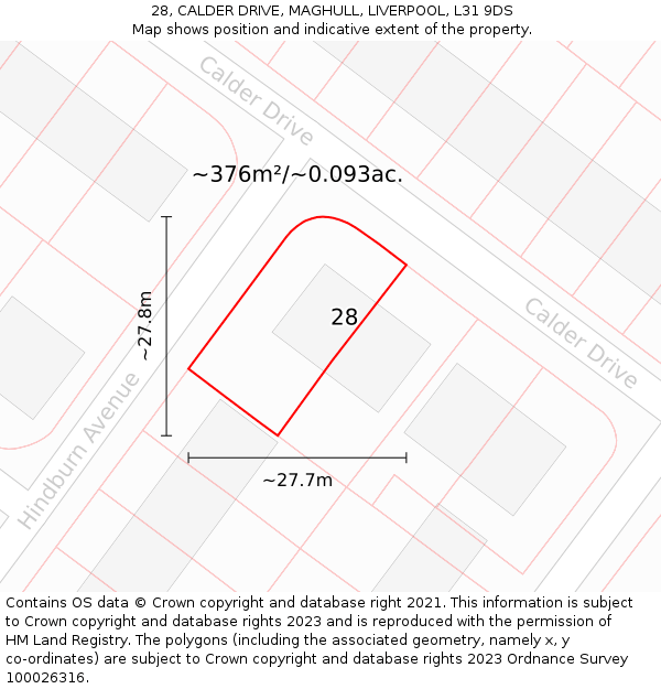 28, CALDER DRIVE, MAGHULL, LIVERPOOL, L31 9DS: Plot and title map