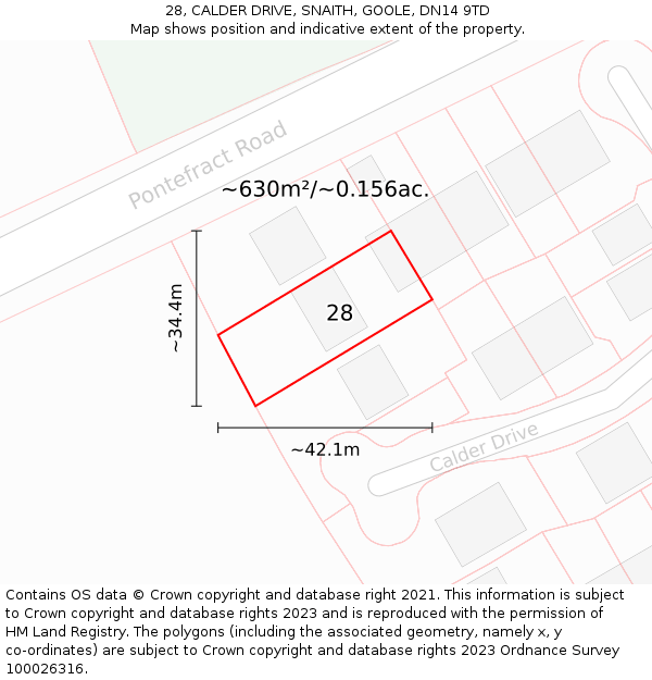 28, CALDER DRIVE, SNAITH, GOOLE, DN14 9TD: Plot and title map