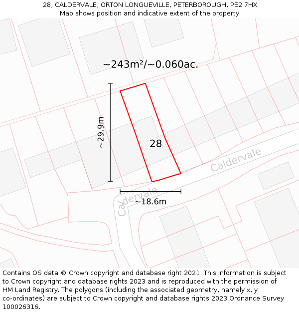 28, CALDERVALE, ORTON LONGUEVILLE, PETERBOROUGH, PE2 7HX: Plot and title map