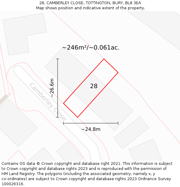 28, CAMBERLEY CLOSE, TOTTINGTON, BURY, BL8 3EA: Plot and title map
