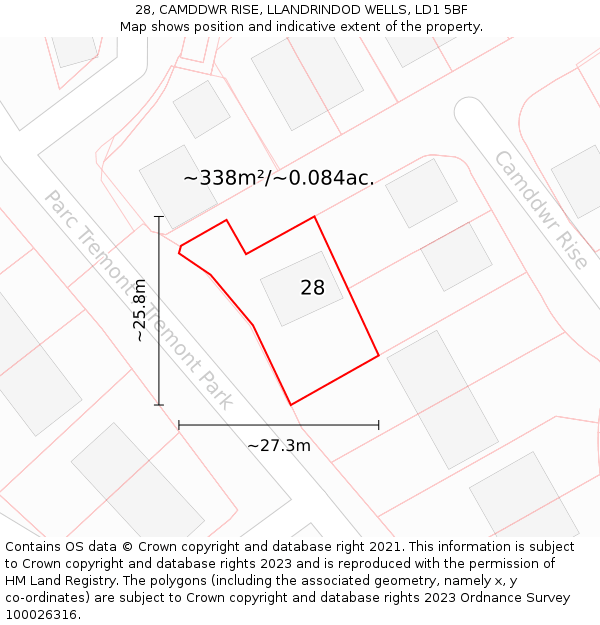 28, CAMDDWR RISE, LLANDRINDOD WELLS, LD1 5BF: Plot and title map