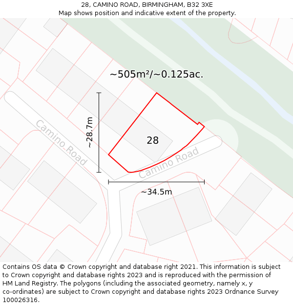 28, CAMINO ROAD, BIRMINGHAM, B32 3XE: Plot and title map