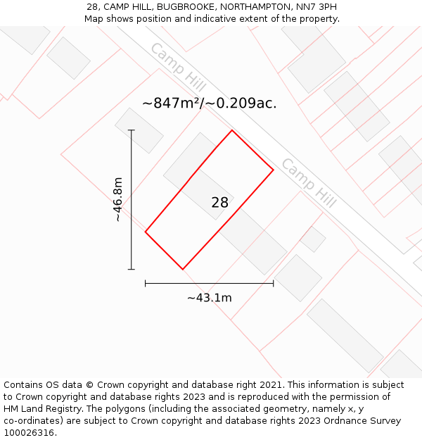 28, CAMP HILL, BUGBROOKE, NORTHAMPTON, NN7 3PH: Plot and title map