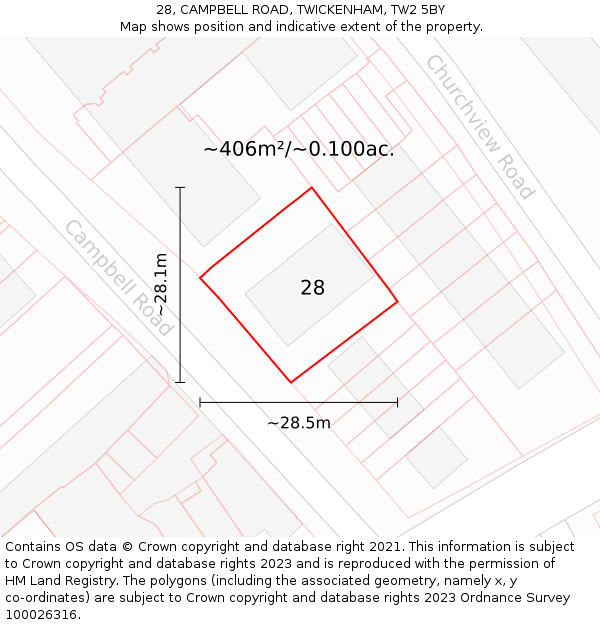 28, CAMPBELL ROAD, TWICKENHAM, TW2 5BY: Plot and title map