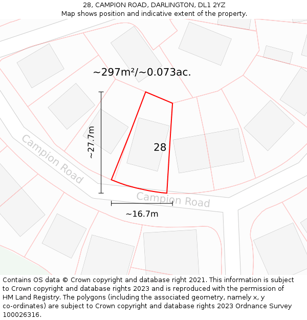 28, CAMPION ROAD, DARLINGTON, DL1 2YZ: Plot and title map