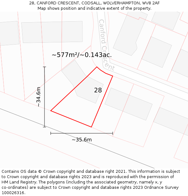 28, CANFORD CRESCENT, CODSALL, WOLVERHAMPTON, WV8 2AF: Plot and title map